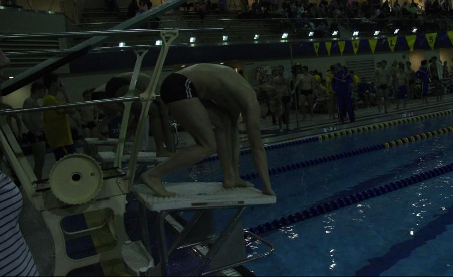 Sean Schafer '15 prepares to dive off of the starting block