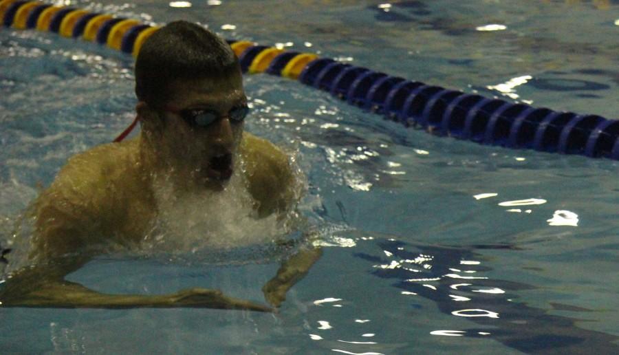 Lucas OBrien15 swims breaststroke at a Lyons Township meet in January. 
