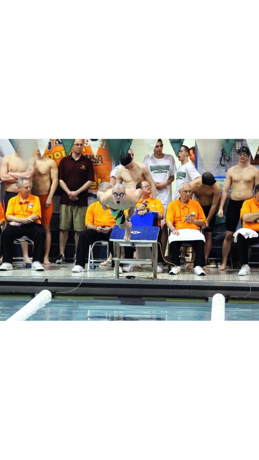 Swimmer Weston Credit '16 dives off a block to start a  race.