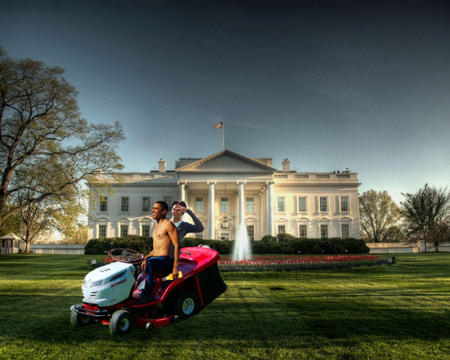 Barack and Michelle Obama exercise their right to the national lawnmower