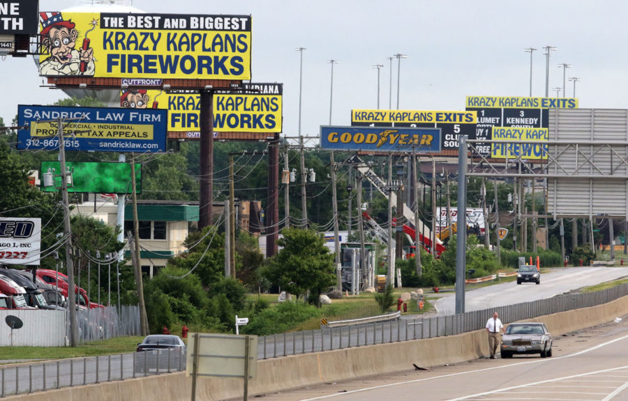 Fireworks billboards overwhelm Illinois highways near the Indiana border.
