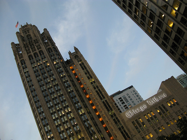 The iconic Tribune Tower, the headquarters of the Chicago Tribune, in downtown Chicago. Employees at the Tribune are rebuking the papers long-time anti-union stance as they push for unionization among their own ranks. 