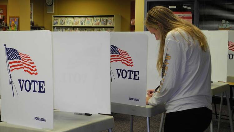 A student votes at an official voting booth in the library (Suzanne Andersen).