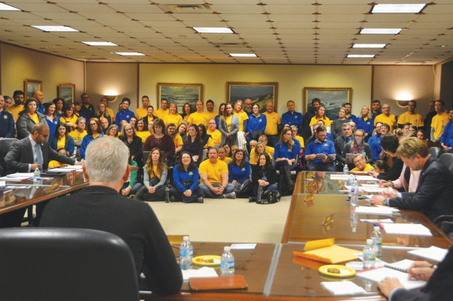 Teachers gather for the entirety of the Board of Education meeting in  NC room 104 on Nov. 19 (Breen/LION).