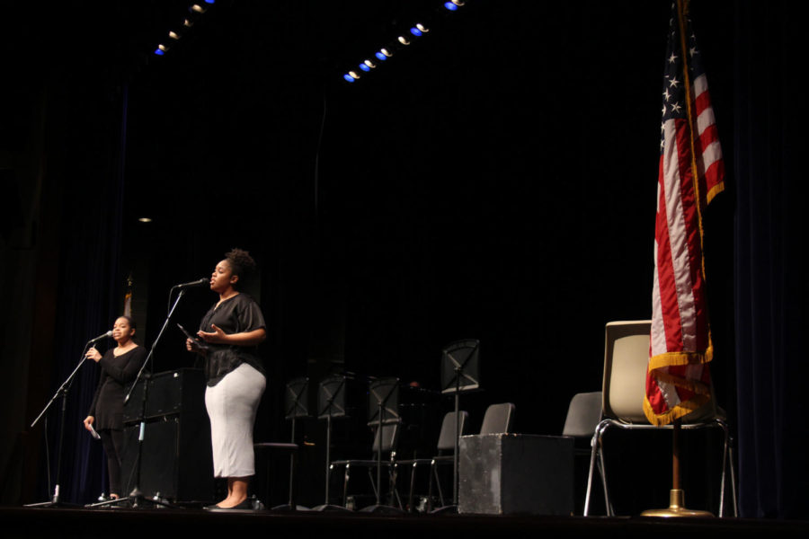 Sisters Anne-Marie Mitchell 20 and Olivia Mitchell 19 perform Lift Every Voice and Sing at the music-focused celebration of Dr. Rev. MLK Jr.s life on Jan. 15 in the SC Performing Arts Center (Kulat/LION).