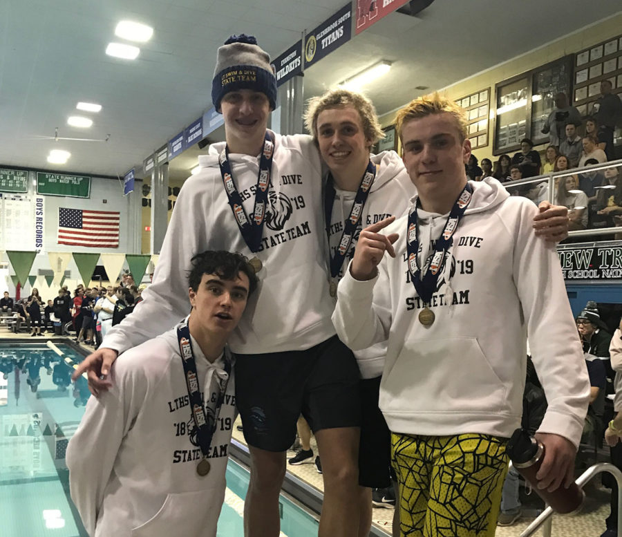 Members of the LT relay celebrate after placing first in state. (Photo courtesy of Donetelli)