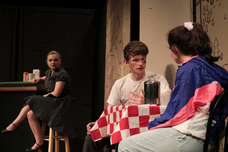 Elaine Tracy 19, Chris ONeill 19, and Hannah Race 22 perform in Stuck, a show from Tens by Teens written by Sarah Schultz 19 (Lipchik/Theatre Board).