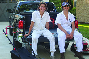 Salvatore Melilli ‘20 and Jimmy DiLoreto ‘20 relax on a break from lawn mowing and raking grass at one of their work sites. Griffin Gresge ‘20, the third company owner, is not pictured (Voytovich/LION)