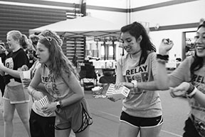 Members participate in a team challenge at the Relay for Life event in the SC fieldhouse (courtesy of Morgan Kearney)