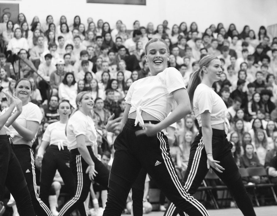 Poms dancers preform at All-school Assembly on Jan.24 in the NC fieldhouse (Sorice/Lions).