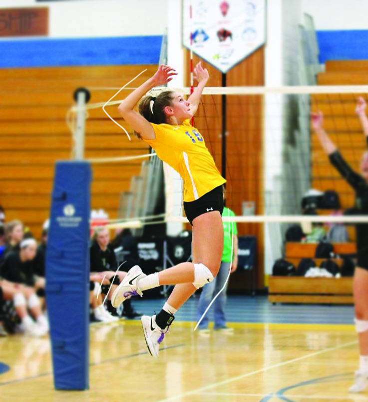 Patti Cesarini jumping to hit the volleyball during a game (edits made by Liz Gremer). 
