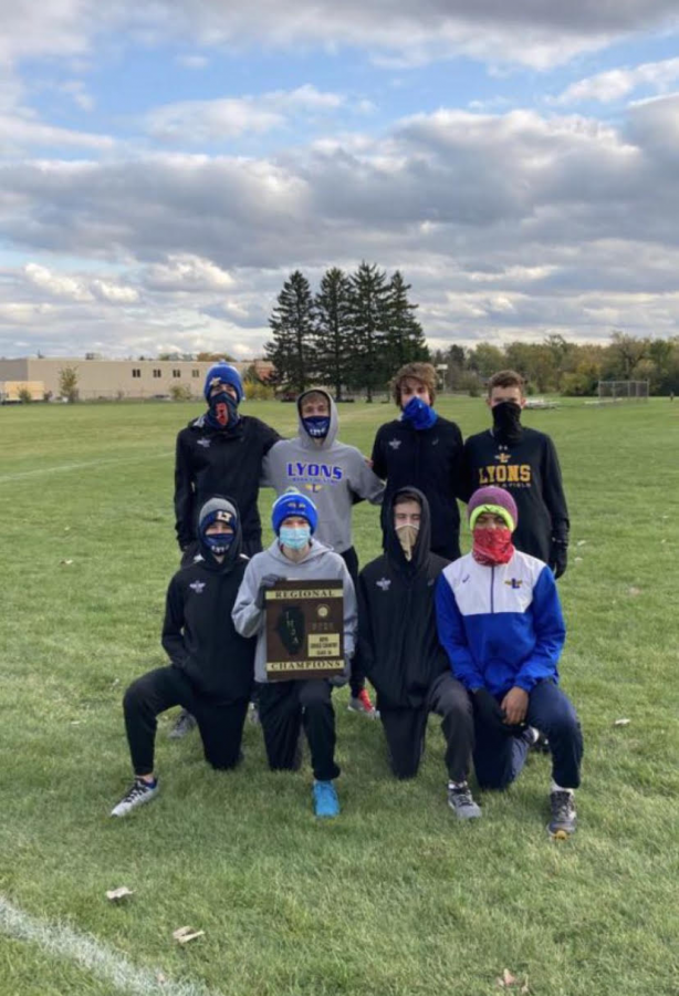 Cross country team after becoming regional champions (photo by boys cross country coach Mike Danner)