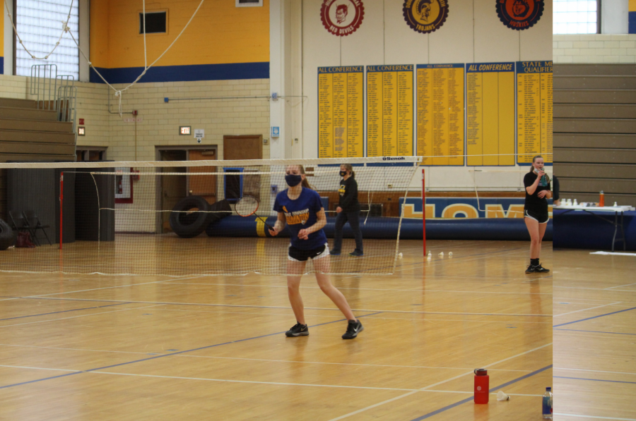 Claire Corrigan 22 gets a ready position to receive a shot at a home meet against Downers Grove North on Feb. 17 (Ferrell/LION)