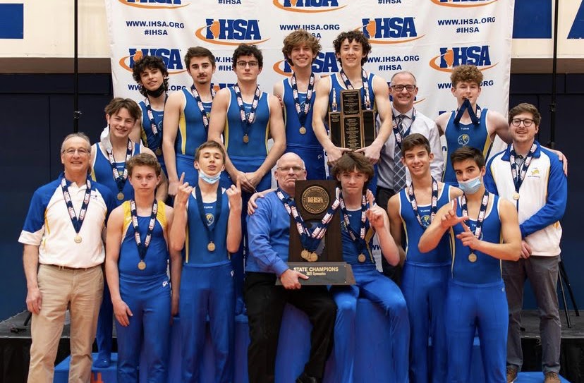 Boys+Gymnastics+Team+poses+with+State+Trophy+%28Photo+courtesy+of+Bill+Stone%29