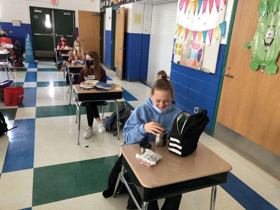 Students engage in a socially distanced lunch period (phot courtesy of Dave Palzet).