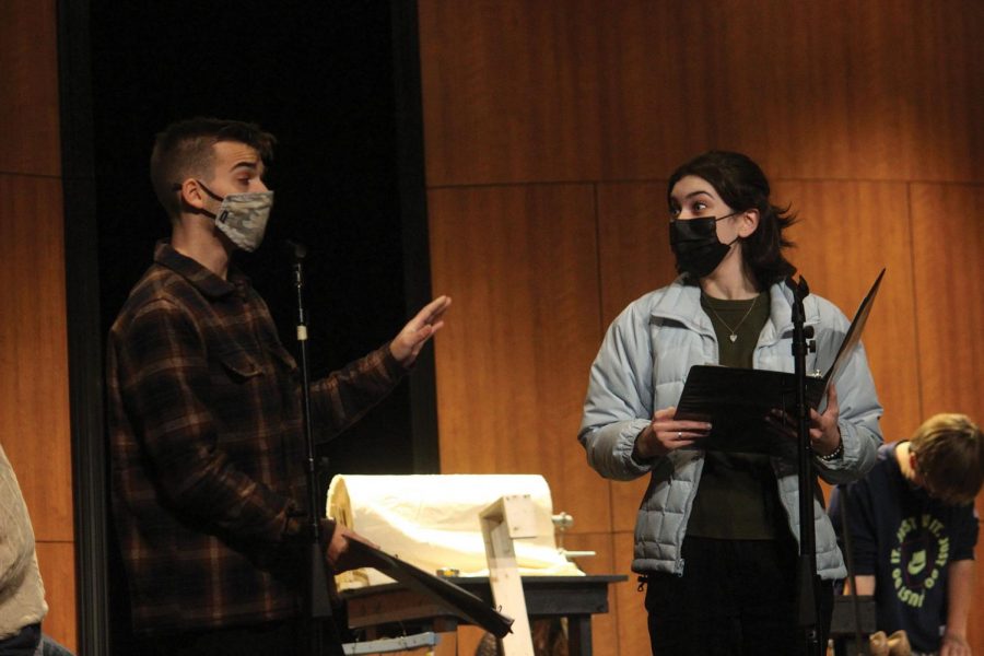 Alex Sheehan 22 and Hannah Race 22 rehearse for Its A Wonderful Life, opening Dec. 10 (Burke/LION)