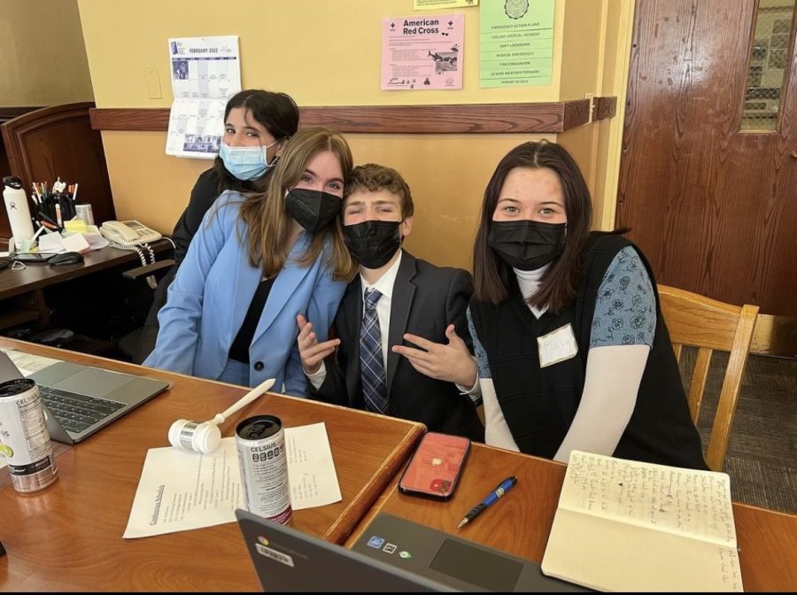 Rayna Aaronson ‘24, Sophie Barrett ‘23, Eric White ‘23, and Molly Moscicki ‘23 staff conference (photo courtesy of White).