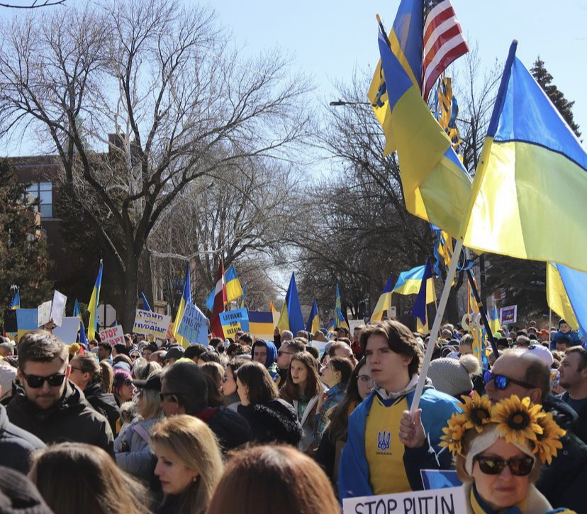 People protesting the Russian invasion of Ukraine in Chicago (photo courtesy of Monika Krueger 22). 