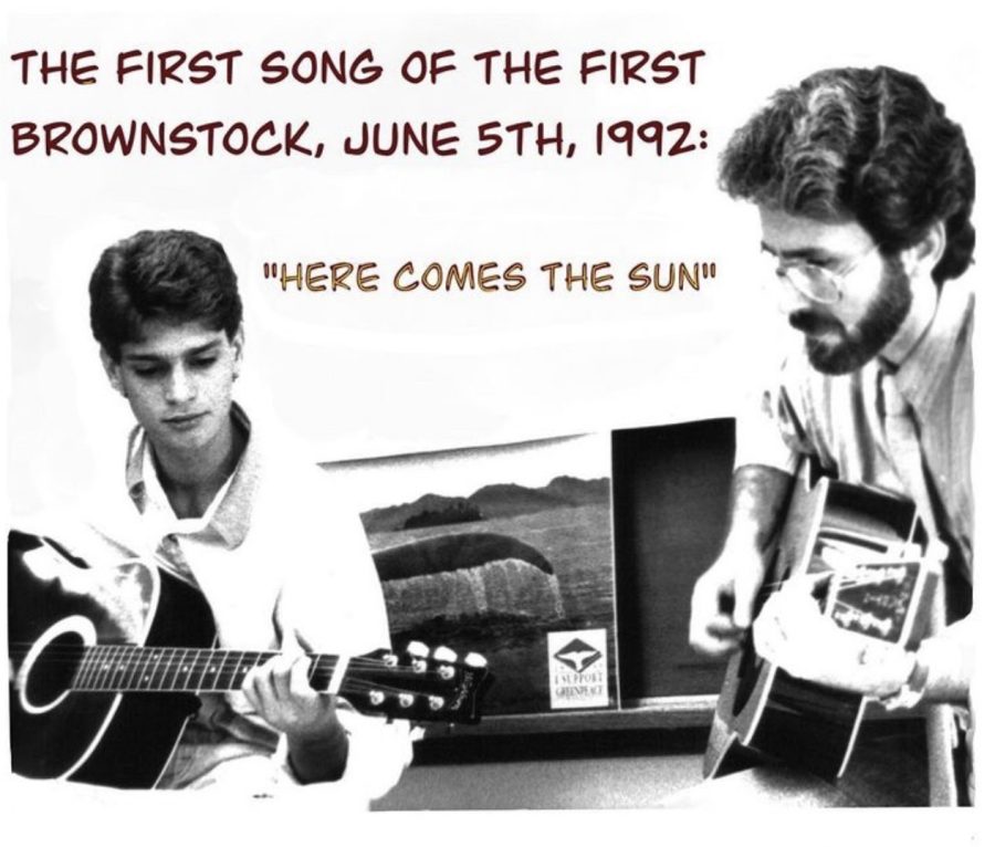 Former student and current English teacher Frank Alletto and former English teacher Glen Brown play Here Comes the Sun by the Beatles in NC room 117 at the first Brownstock in 1992 (photo courtesy of Alletto).