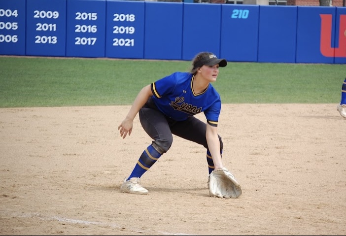 Emily Joseph ‘22 prepares to make play at third base in game against Glenbard West (photo courtesy Anna Bryant).