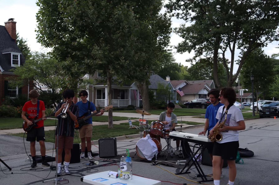 LT student band Deplorable Behavior performs for audience at block party in La Grange Park (photo courtesy of Nate Spratford).