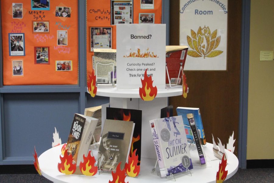 A display of banned books as spotlighted in the NC library for students, featuring titles such as Anne Frank’s “The Diary of a Young Girl” and Mariko Tamaki’s “This One Summer.” (Mardegan/LION)