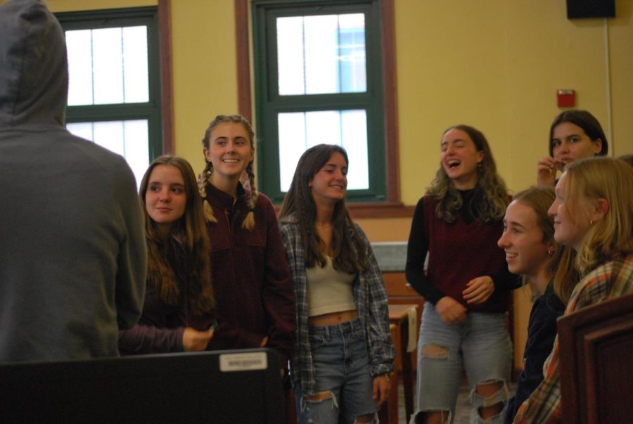 Riley Dunlavy ‘23 (left) Annaliese Dorchinecz ‘24 (center) and Riley McCarthy ‘24 (right) have fun doing an activity at the weekly Snowball meetings (Ludden/LION).