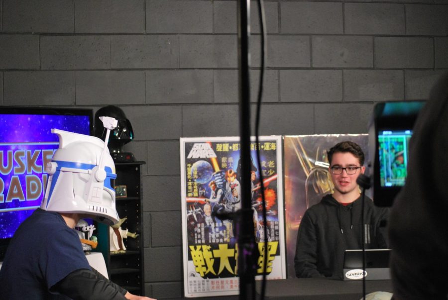 From left: Mike Badrov 24 and Drew Grech 24 converse on the set of their talk show on Nov. 17, produced through LTTV (Pohl/Lion)