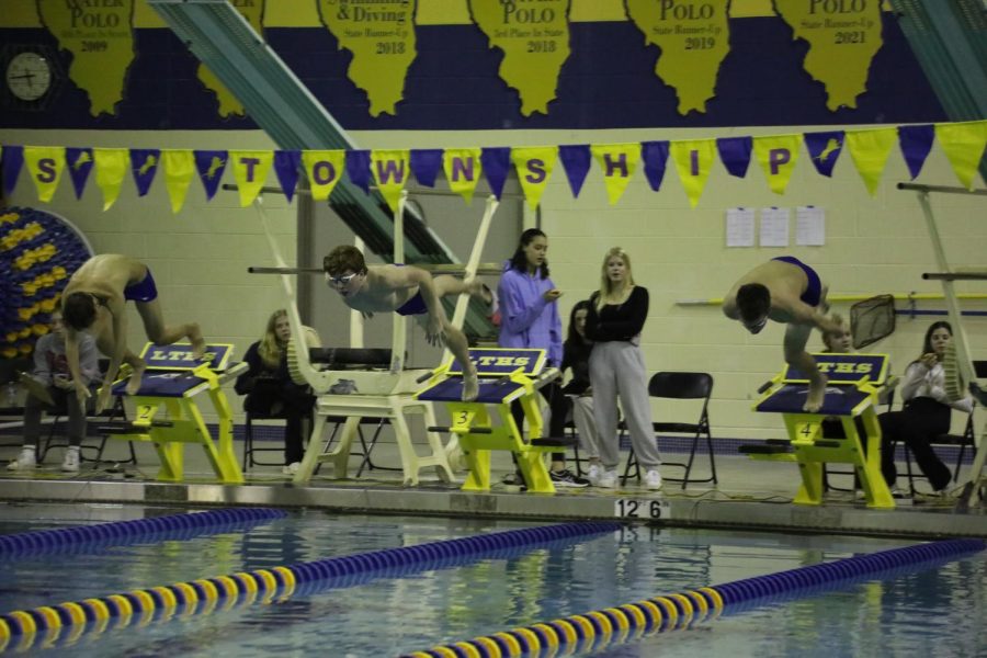 Quinn Collins 23 and Garrett Walls 23 dive off platform for 200 IM at intersquad meet on Nov. 28 at SC pool (Wolf/LION)