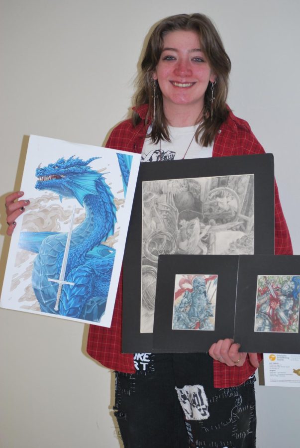 Kat Farley 23 holds up an original graphic design (left) and one of her Gold Key winning pieces (Kowalski/LION).