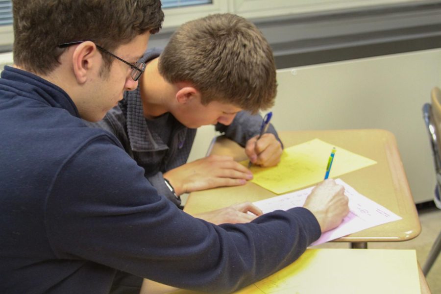 
Alex Cuckovic ‘25 works with Jack Michaelson ‘25 during partner work portion of math team practice in preparation for upcoming event (Crousore/LION)