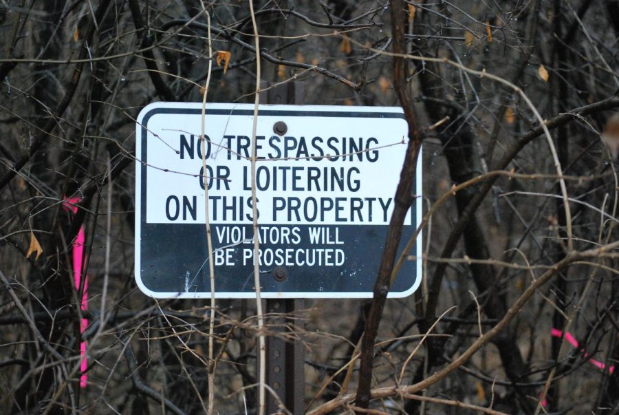 A ‘no trespassing’ sign is posted at the entrance of land LT owns. This 70-acre lot is for sale, with proceeds to be spent on facility upgrades at both campuses (Lestina/LION).