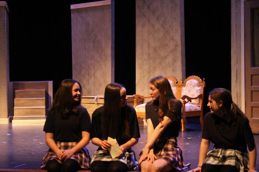 (Pictured from left to right) Abby Grech ‘25, Greta Sandman ‘24, Lola Podolner ‘25, Grace Simmon ‘24 on stage acting in the Donna Mavros performance (Ross/LION).