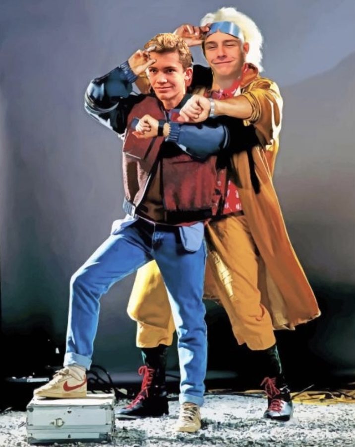 Faces of Ethan Meuer ‘25 and Leo Barrette ‘25 photoshopped on a picture of Marty McFly and Dr. Emmett Brown from “Back To The Future,” to promote their radio show (photo courtesy of Meuer). 
