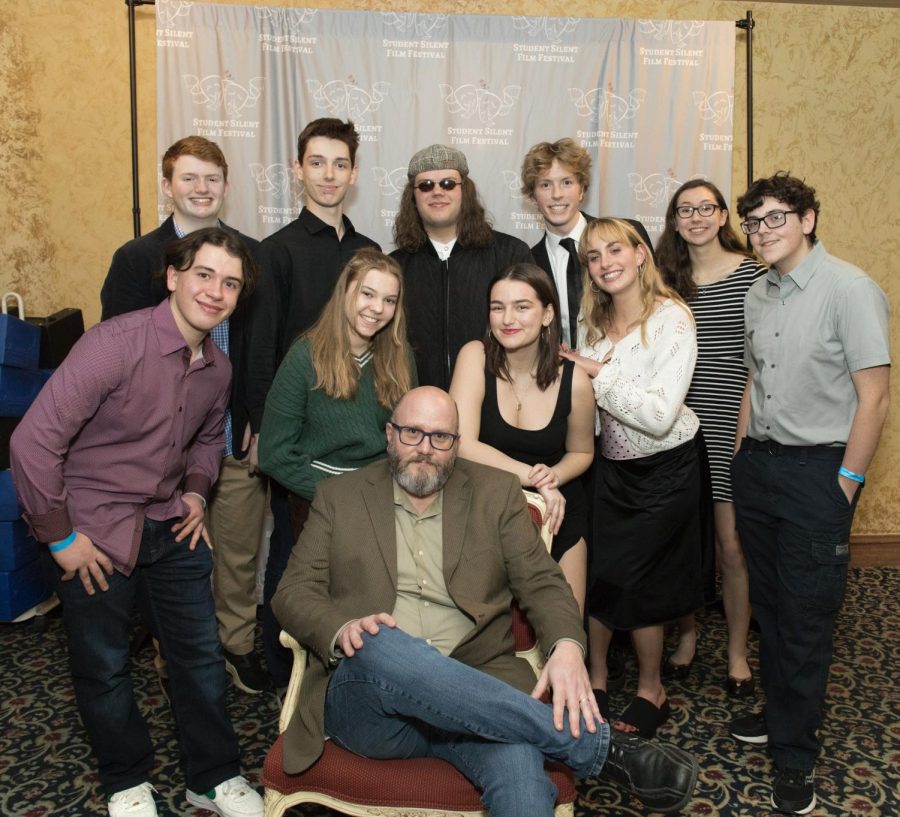  Maddox McDonald stands alongside the ‘Stood Up’ cast and crew at the Tivoli Theatre during the Student Silent Film Festival (photo courtesy of McDonald).

