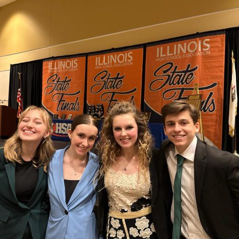 (From left to right) Courtney McMullen ‘23, Sophie Barrett ‘23, London Shannon-Muscolino ‘25 and Nicholas Barbera 23 at the state final competition at the Peoria Civic Center (photo courtesy of Madeline Morris). 
