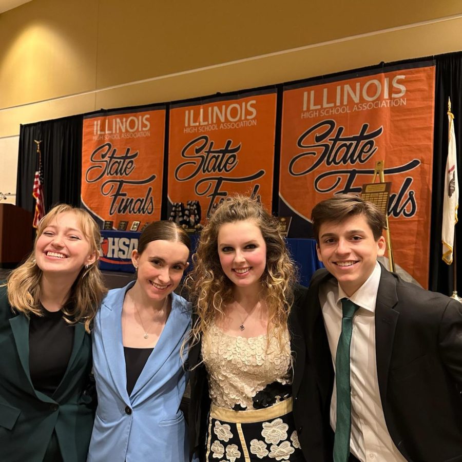 (From left to right) Courtney McMullen ‘23, Sophie Barrett ‘23, London Shannon-Muscolino ‘25 and Nicholas Barbera 23 at the state final competition at the Peoria Civic Center (photo courtesy of Madeline Morris). 
