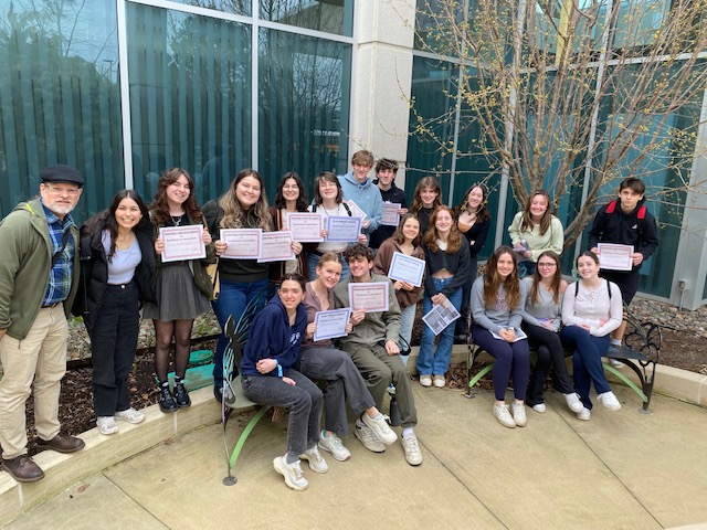 LION staff stands outside of College of DuPage with awards from NISPA 2023 conference (photo courtesy of Kowalski).