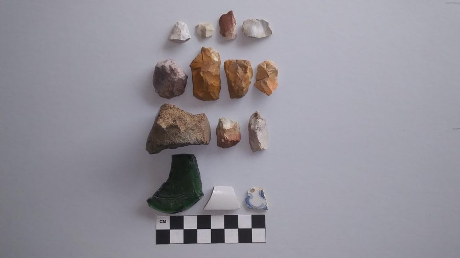 Artifacts discovered at Willow Springs location, including a broken projectile point, a type of spearhead, utilized flakes, and other stone tool pieces (photo courtesy of Brian Bardy).