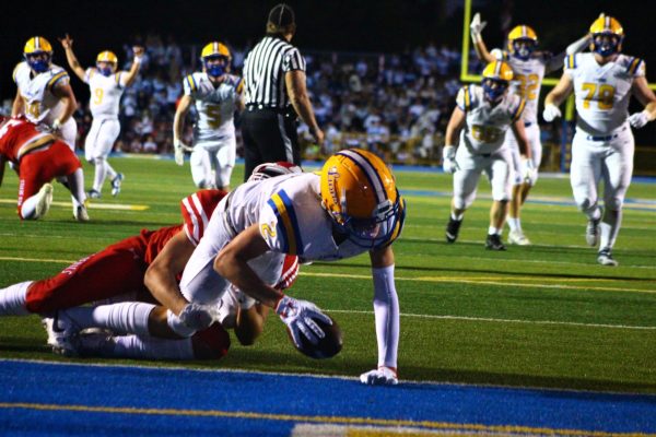 Wide Receiver Travis Stamm ‘25 hauls in a deep pass from Ryan Jackson ‘24 and fights off a Hinsdale Central defender to score during LT’s 42-17 win on Sept. 8 (Ross/LION).