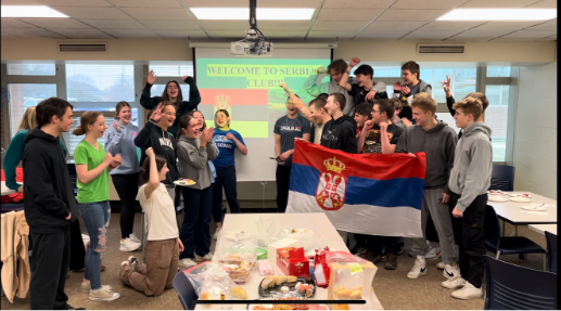Serbian club’s first meeting hosted March 14 inside the Library at SC. Anastasija Tesic ‘27 and Stefan Majstorovic ‘26 cut the ribbon with other students attending to mark the start of a brand new club at LT
