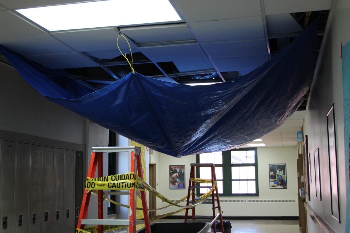 Photo of ceiling leak taken on third floor of NC outside room 303 (Velez/LION).
