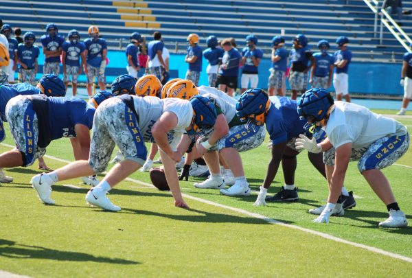 Athletes line up on the 40-yard line to practice running plays for the upcoming game against Joliet Catholic that Friday, Aug. 29 (Simmons/LION).