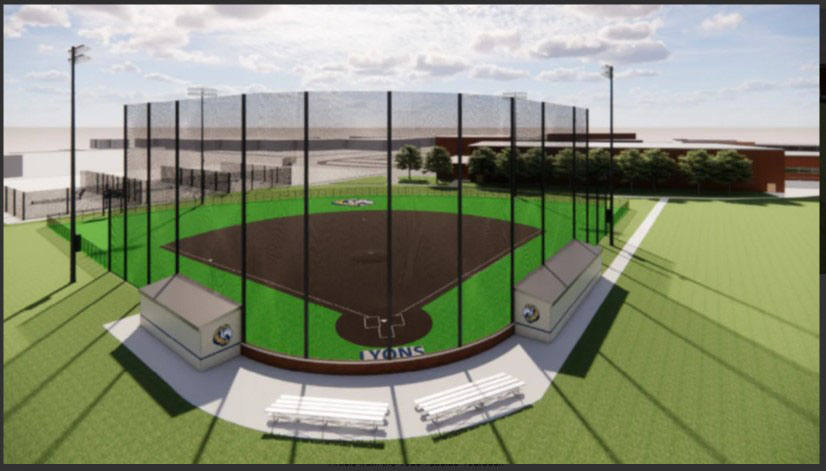 Digital rendering of new softball field highlights its turf field and masonry dugouts, as well as its location just south of the tennis courts (photo courtesy of the LT website).