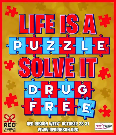 Image of Red Ribbon Week 2025 campaign poster, foster a drug free life (Red Ribbon Week Website).