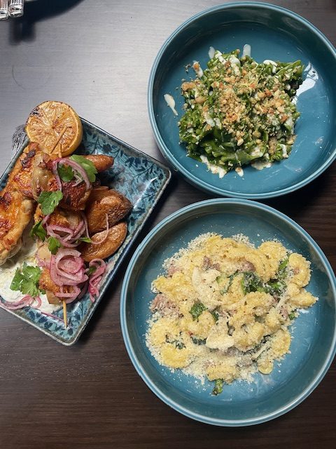 The three dishes Creste di Gallo, Malfaldine pasta, and Chicken Thigh Kebabs (Ludden/LION).